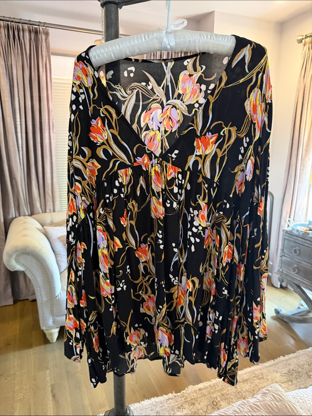 Free People Black Floral V-Neck Tunic with Pink & Orange Blooms